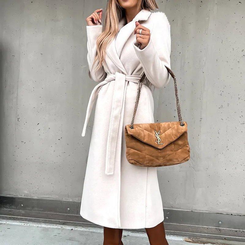 Womens Chic Longline Wool Coat with Stylish Belt Fashion White - Rebooters