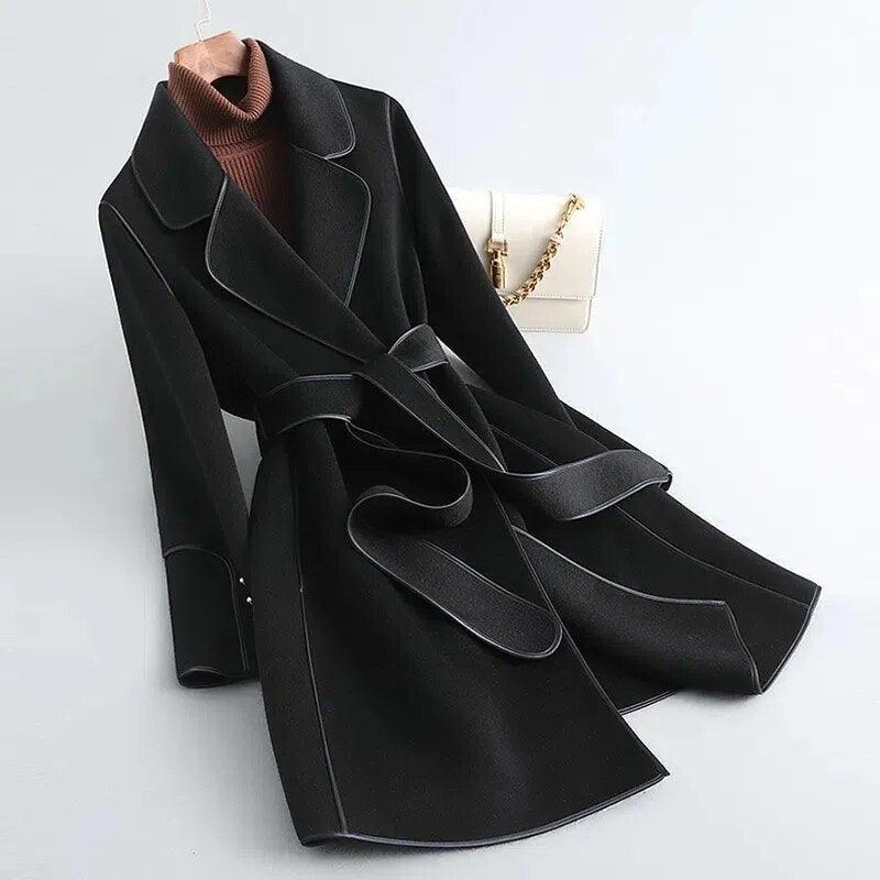 Womens Chic Belted Wrap Coat for Effortless Style Upgrade Black - Rebooters