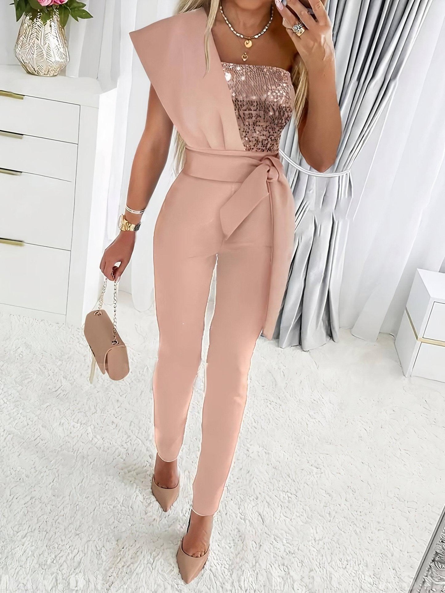 Womens Bodycon Jumpsuit with Sequin for Holiday Glamour - Rebooters -Women's Dresses