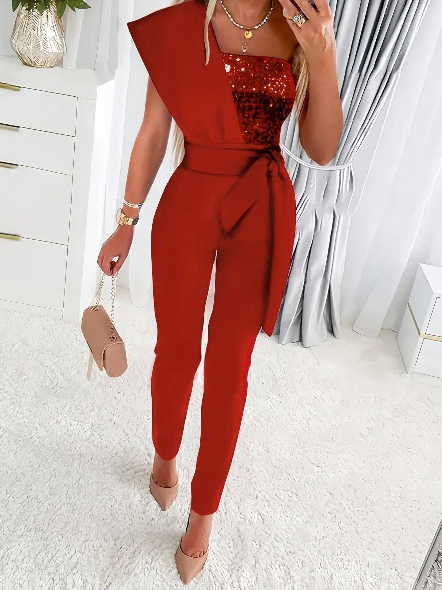 Womens Bodycon Jumpsuit with Sequin for Holiday Glamour - Rebooters -Women's Dresses