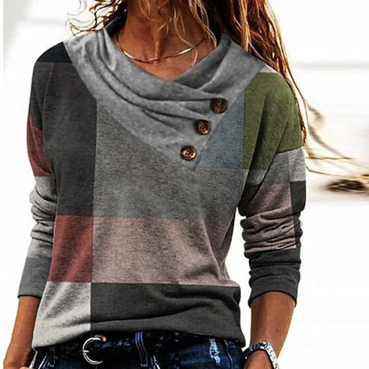 Womens Patchwork Sweater with Stylish Button Collar Fashion - Rebooters