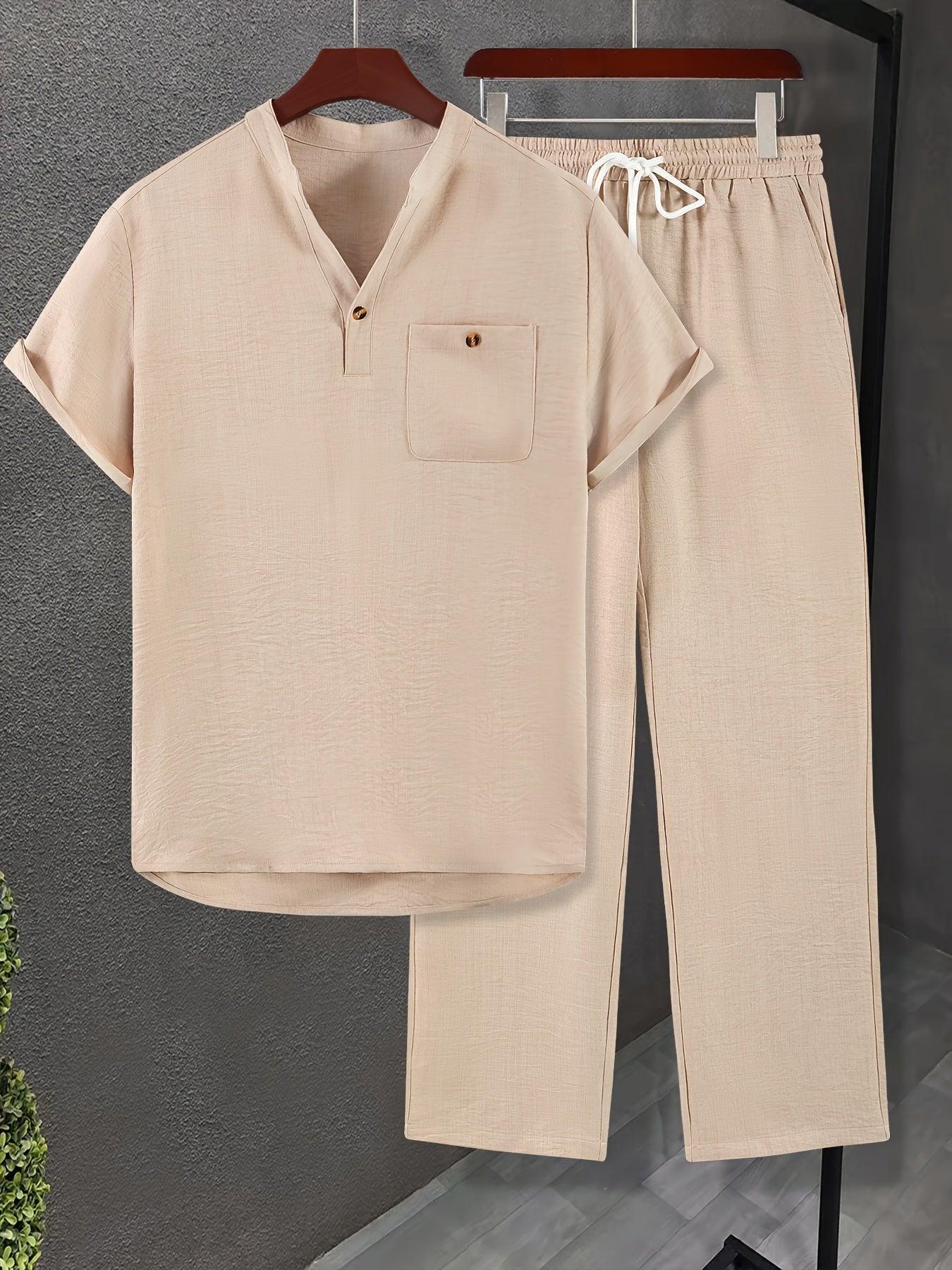 Solid Color Casual Buttoned V Neck Men Set for Effortless Style Rebooters mens 2 piece set