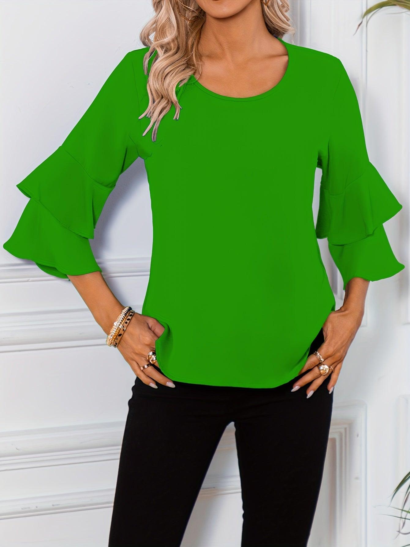 Ruffle Sleeve Blouse With Round Neckline For Women Rebooters Womens Shirts