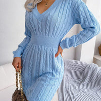 Womens Cable Knit Sweater Dress with V Neck Design - Rebooters -Women's Dresses