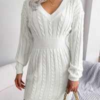 Womens Cable Knit Sweater Dress with V Neck Design - Rebooters -Women's Dresses