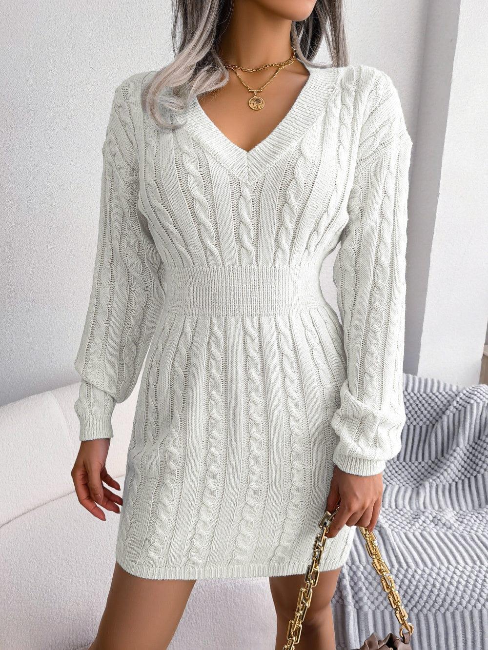 Womens Cable Knit Sweater Dress with V Neck Design - Rebooters -Women's Dresses