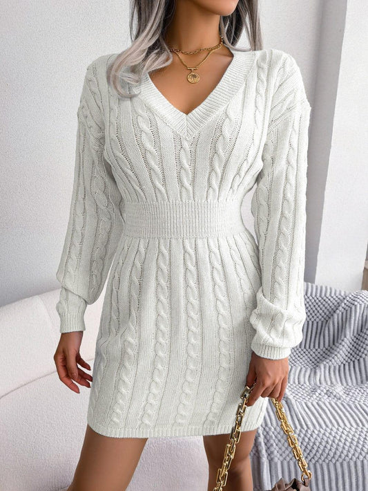 Womens Cable Knit Sweater Dress with V Neck Design - Rebooters -Women's Dresses