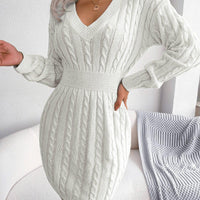 Womens Cable Knit Sweater Dress with V Neck Design - Rebooters -Women's Dresses