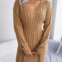 Womens Cable Knit Sweater Dress with V Neck Design - Rebooters -Women's Dresses