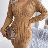 Womens Cable Knit Sweater Dress with V Neck Design - Rebooters -Women's Dresses