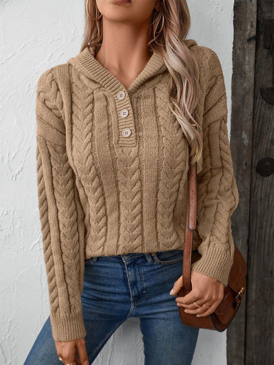Womens Chic Cable Knit Pullover with Buttoned Collar Sweater - Rebooters