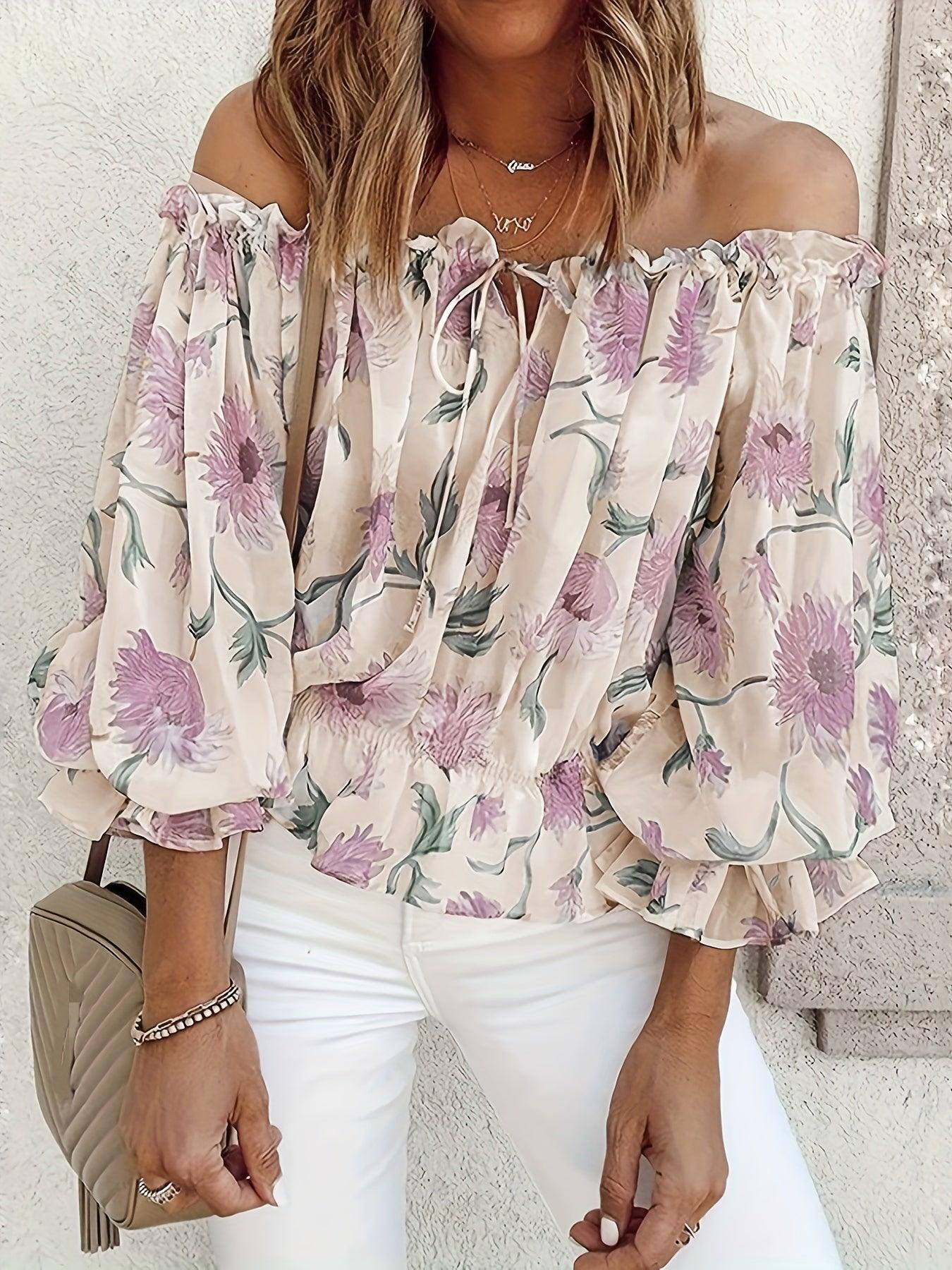 Off-Shoulder Floral Blouse for Women with Balloon Sleeves Rebooters Womens Shirts