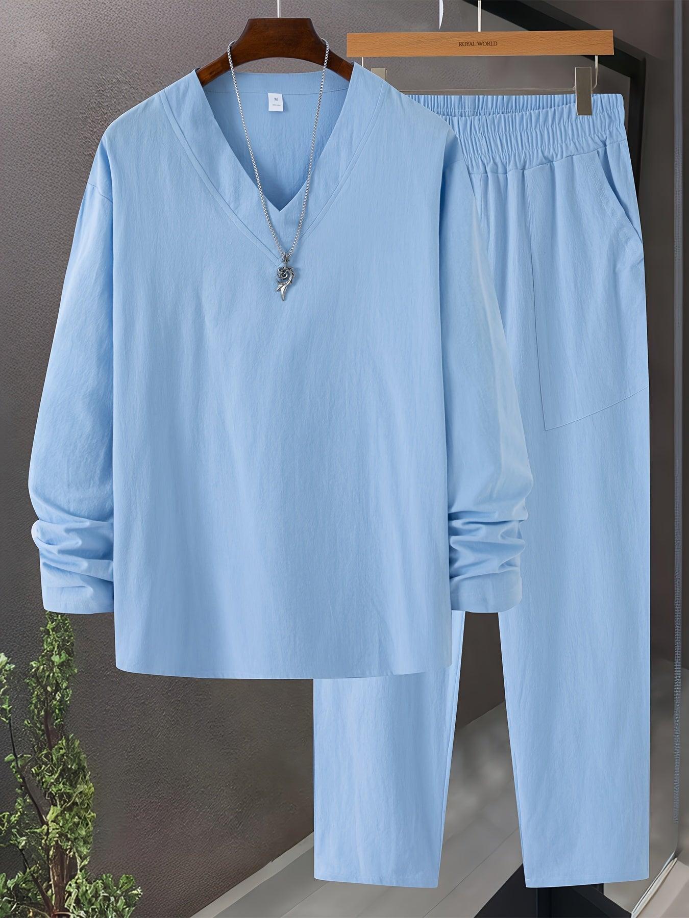 V Neck Long Sleeve Tops Set for Men Comfortable Casual Style Rebooters mens 2 piece set