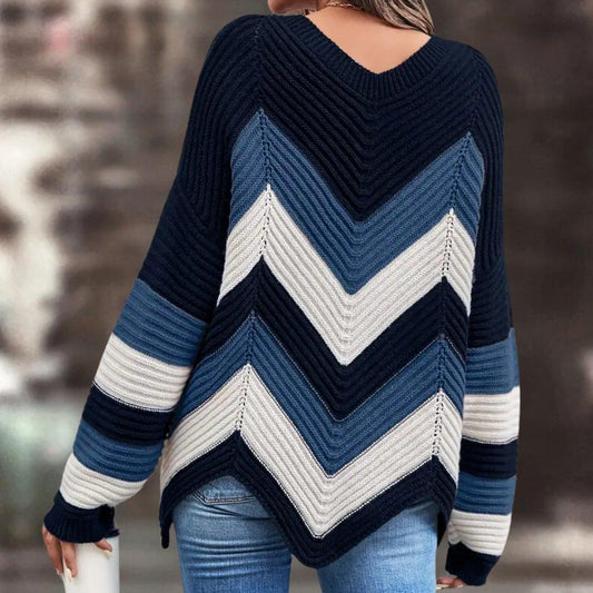 Womens Chic Chevron Stripe Knit Sweater for Stylish Comfort - Rebooters