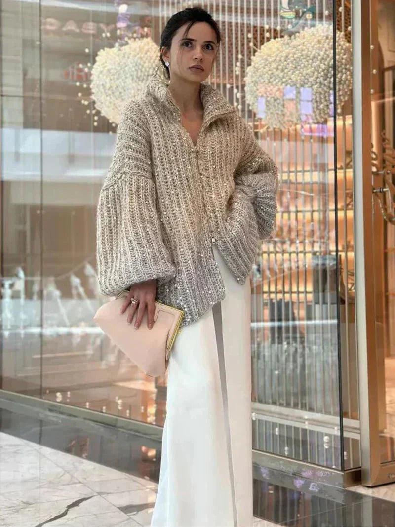 Womens Cozy Oversized Zip-Up Cardigan in Ombre Design - Rebooters