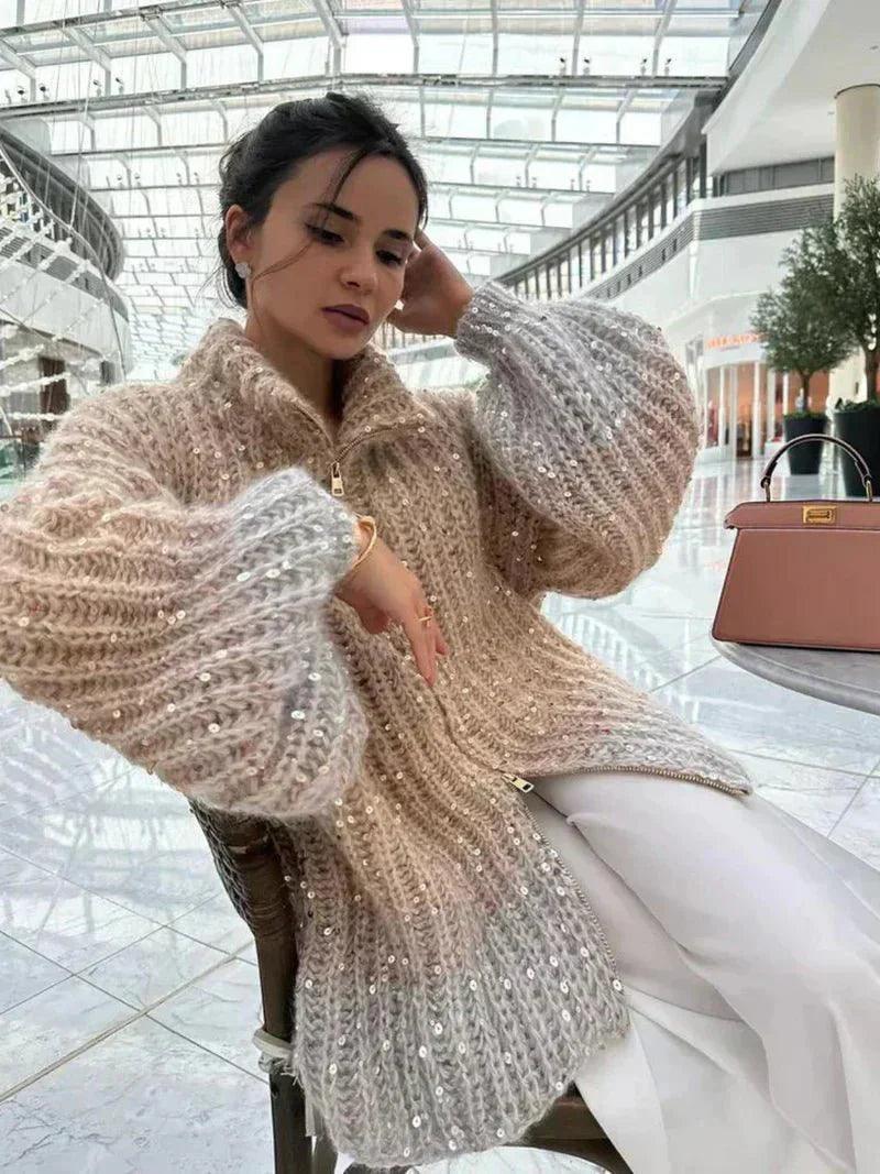 Womens Cozy Oversized Zip-Up Cardigan in Ombre Design - Rebooters