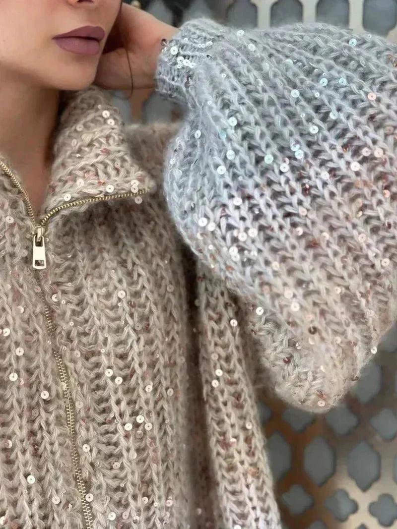 Womens Cozy Oversized Zip-Up Cardigan in Ombre Design - Rebooters