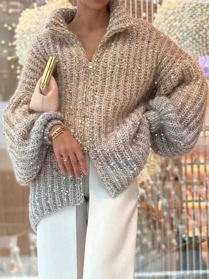 Womens Cozy Oversized Zip-Up Cardigan in Ombre Design - Rebooters