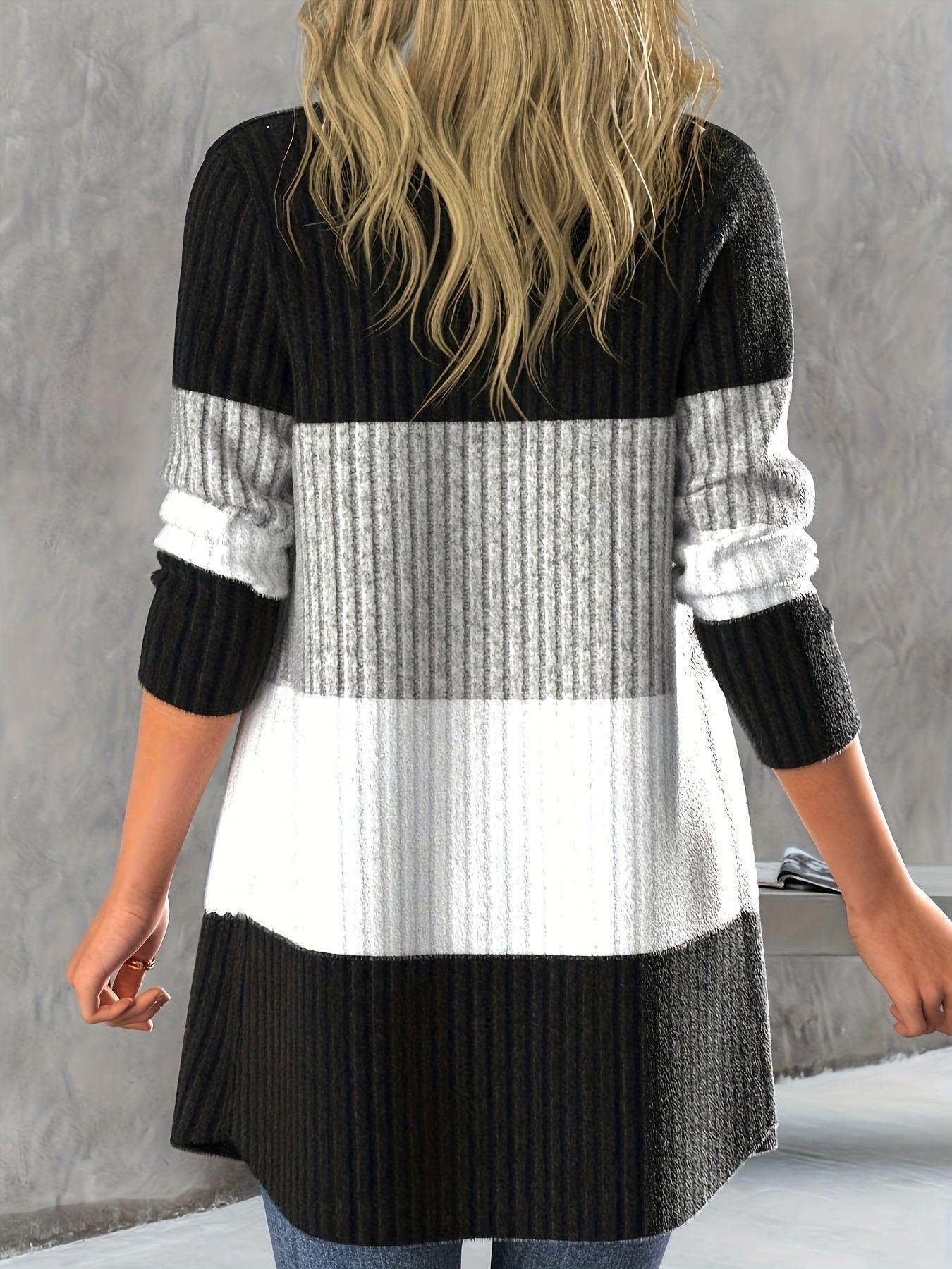 Womens Chic Color Block Knit Cardigan for Effortless Style - Rebooters