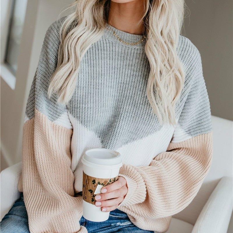 Womens Chic Color Block Knit Sweater for Effortless Style - Rebooters