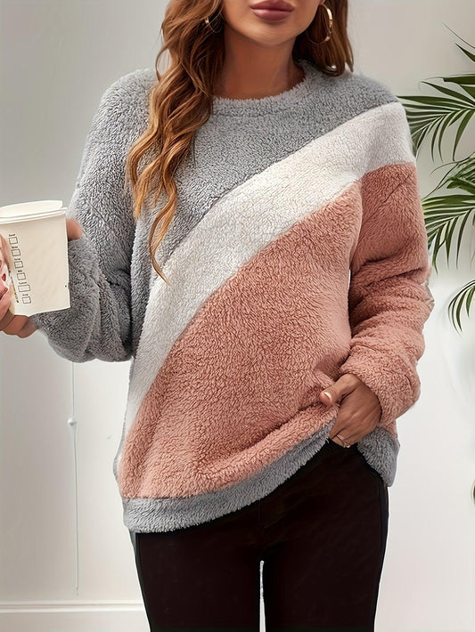 Womens Chic Color Block Sherpa Fleece Pullover for Women - Rebooters