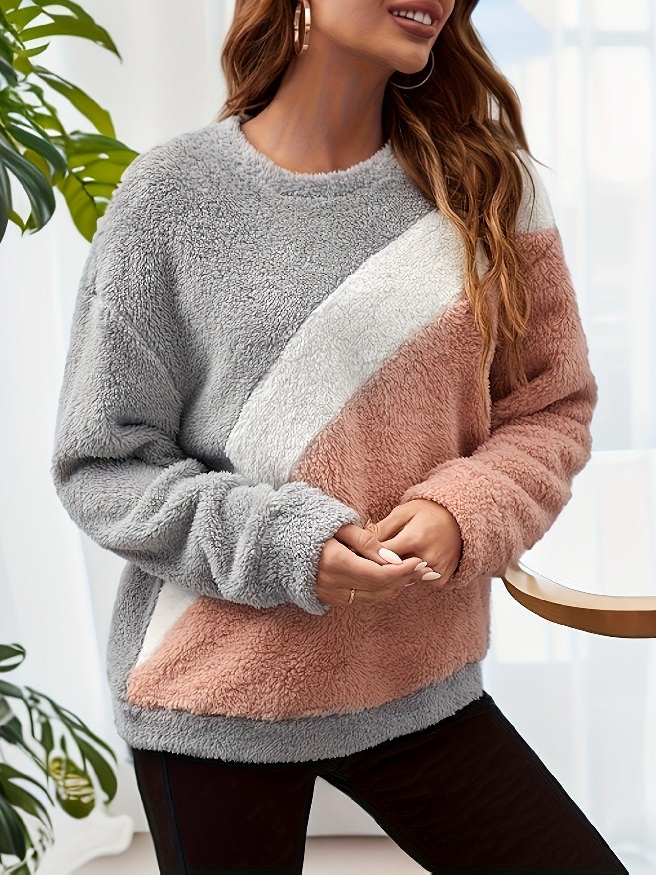 Womens Chic Color Block Sherpa Fleece Pullover for Women - Rebooters