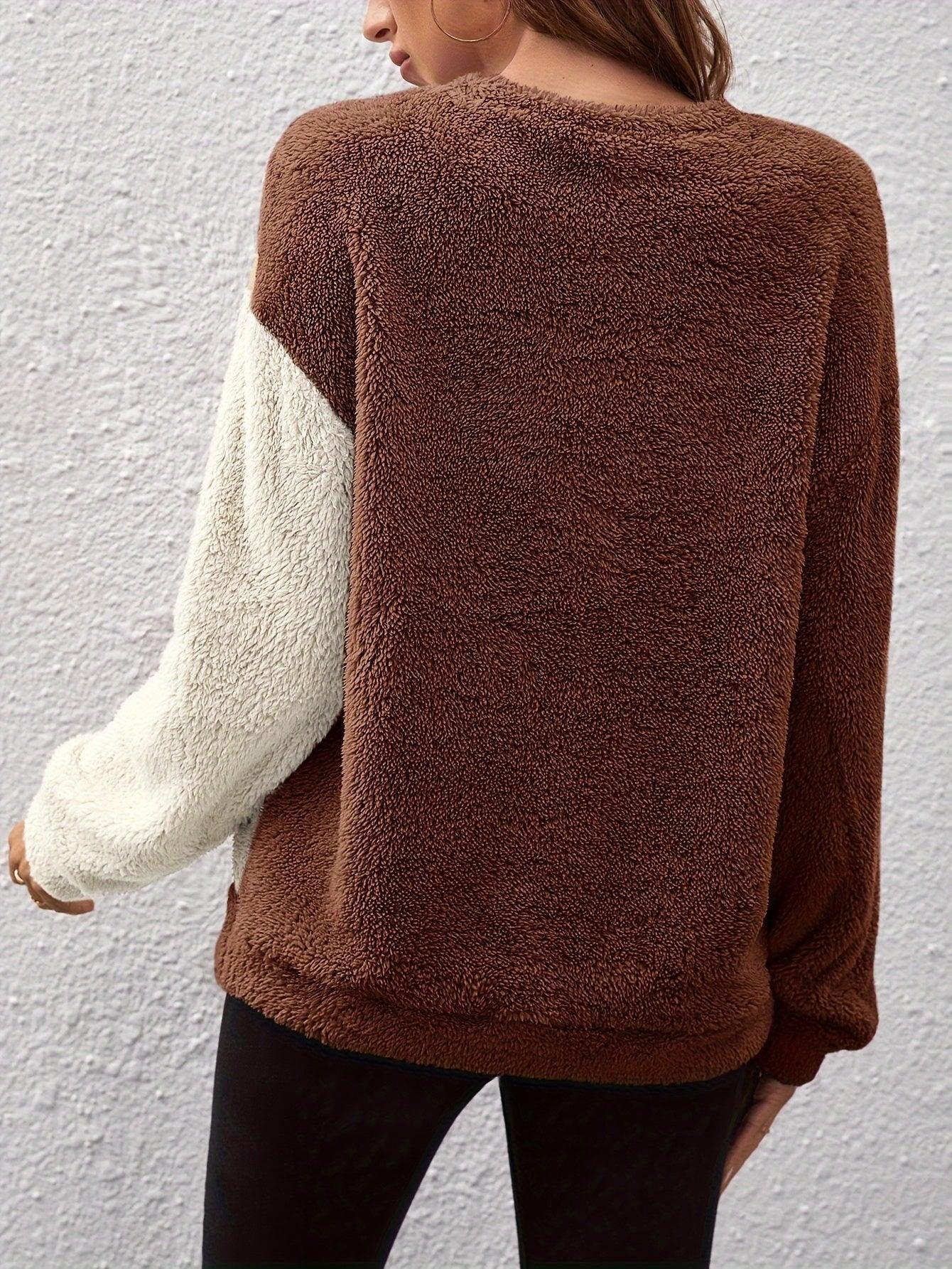 Womens Chic Color Block Sherpa Fleece Pullover for Women - Rebooters