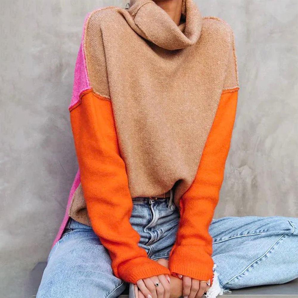 Womens Chic Colorblock Turtleneck Knit Sweater for Style - Rebooters