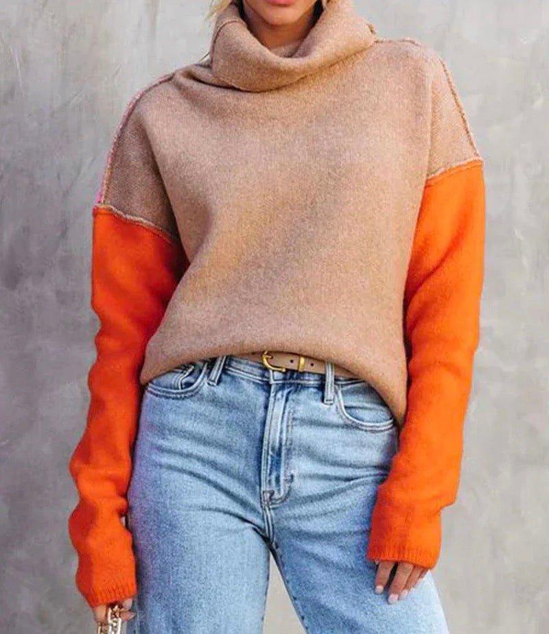 Womens Chic Colorblock Turtleneck Knit Sweater for Style - Rebooters