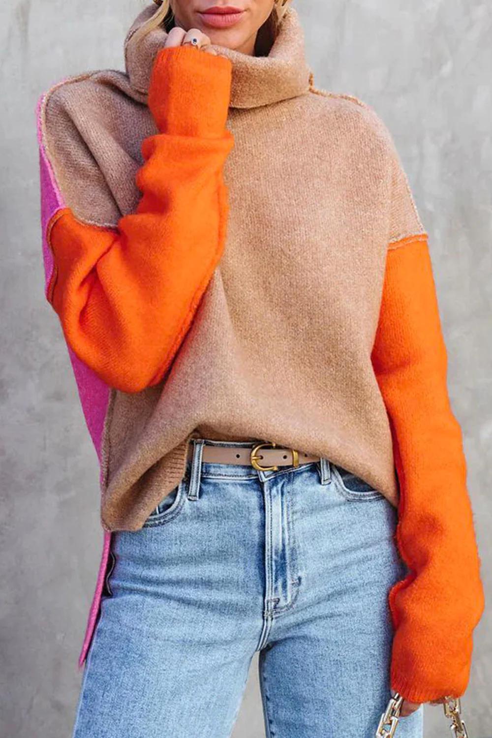 Womens Chic Colorblock Turtleneck Knit Sweater for Style - Rebooters