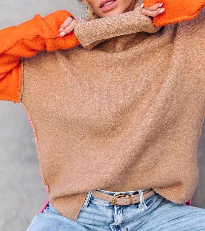 Womens Chic Colorblock Turtleneck Knit Sweater for Style - Rebooters