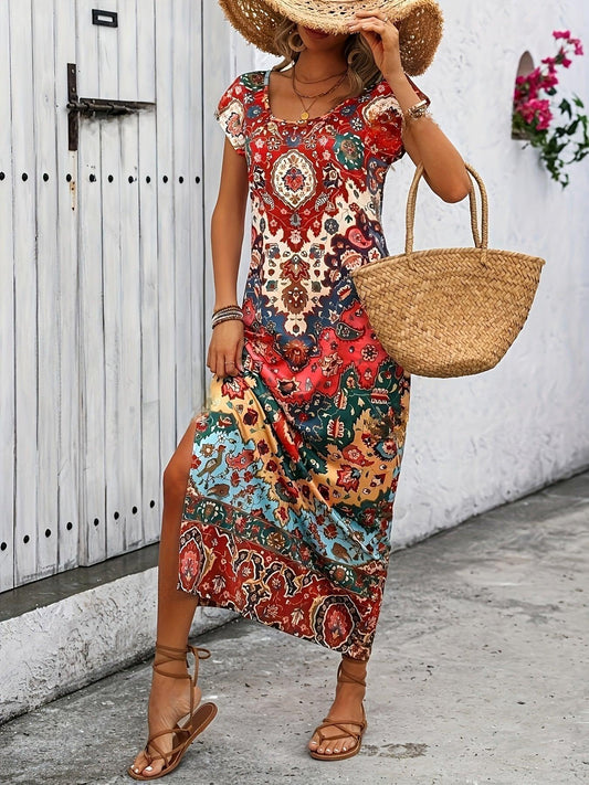Meredith Bohemian Patchwork Women's Maxi Dress with Side Slit - Rebooters -Women's Dresses