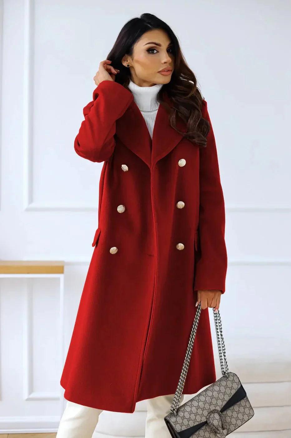 Womens Elegant Double-Breasted Wool Overcoat for Style - Rebooters