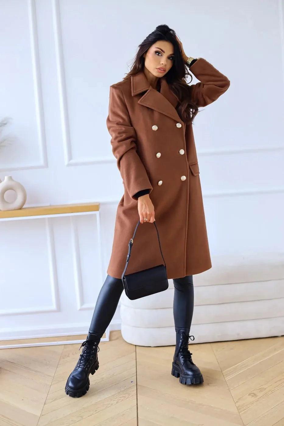 Womens Elegant Double-Breasted Wool Overcoat for Style - Rebooters
