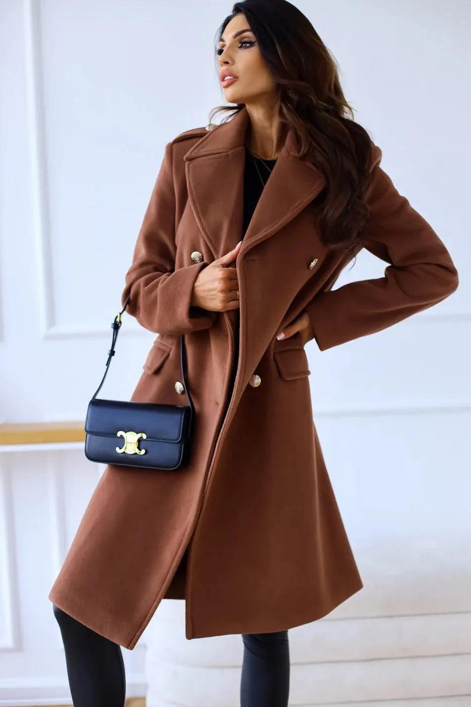Womens Elegant Double-Breasted Wool Overcoat for Style - Rebooters