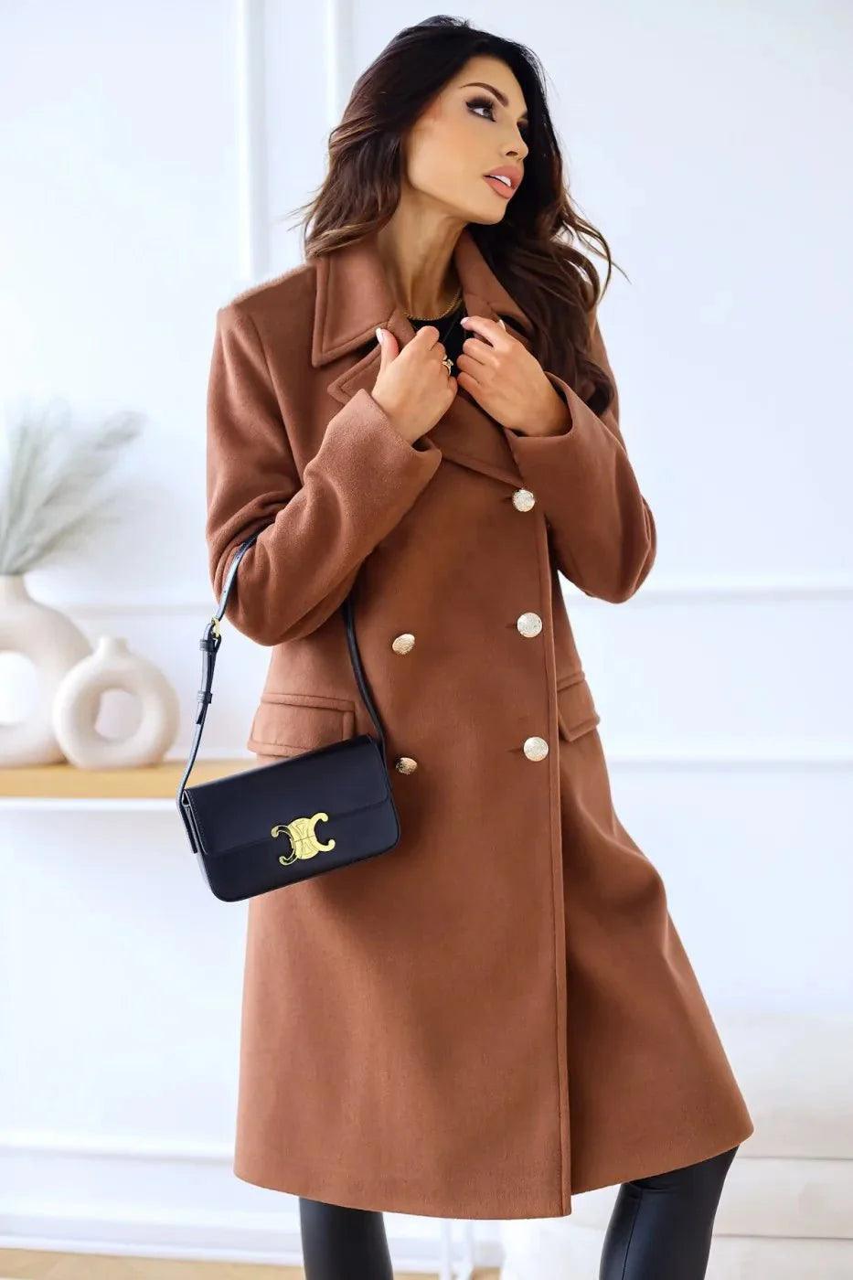 Womens Elegant Double-Breasted Wool Overcoat for Style - Rebooters