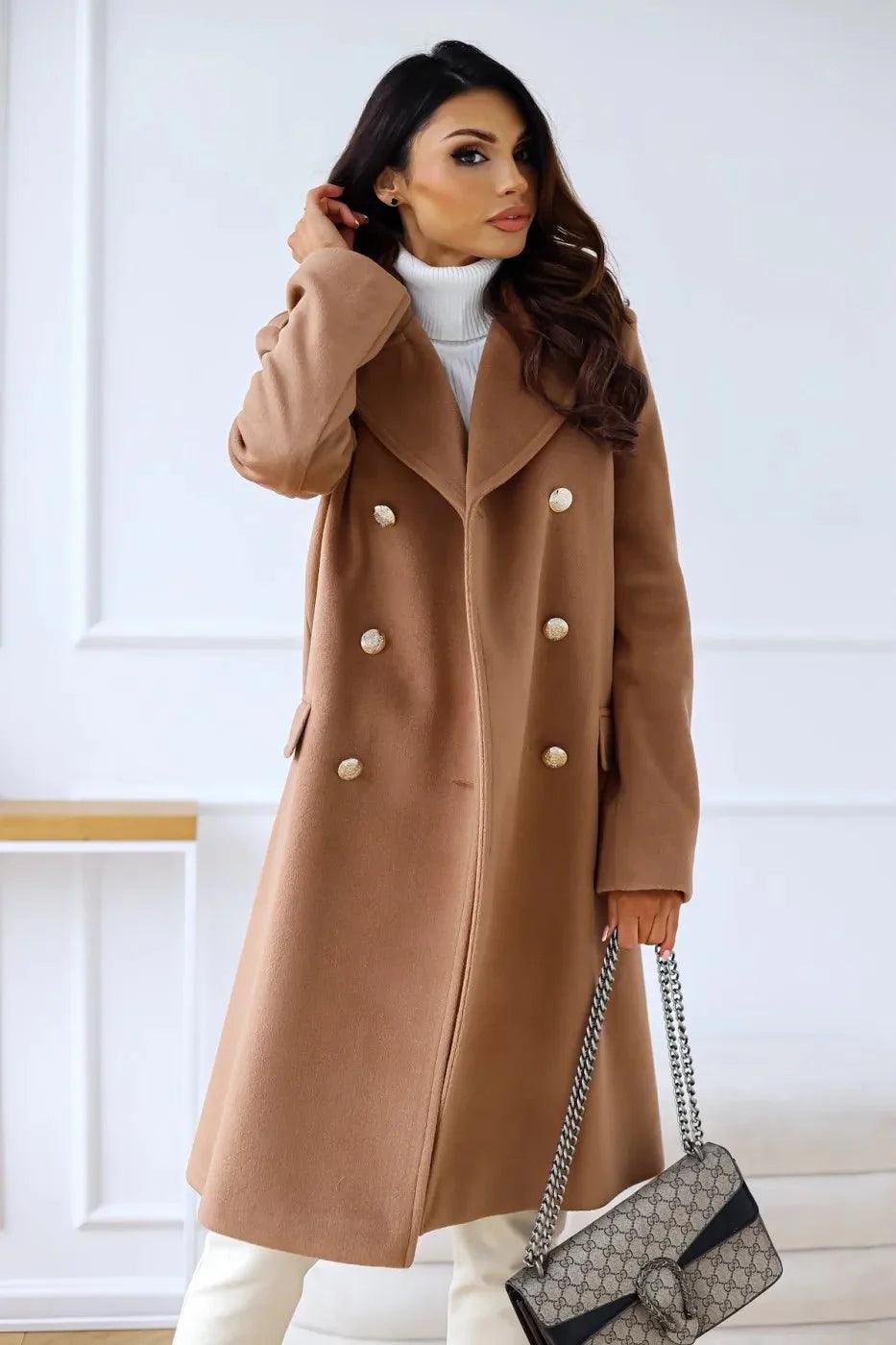 Womens Elegant Double-Breasted Wool Overcoat for Style - Rebooters