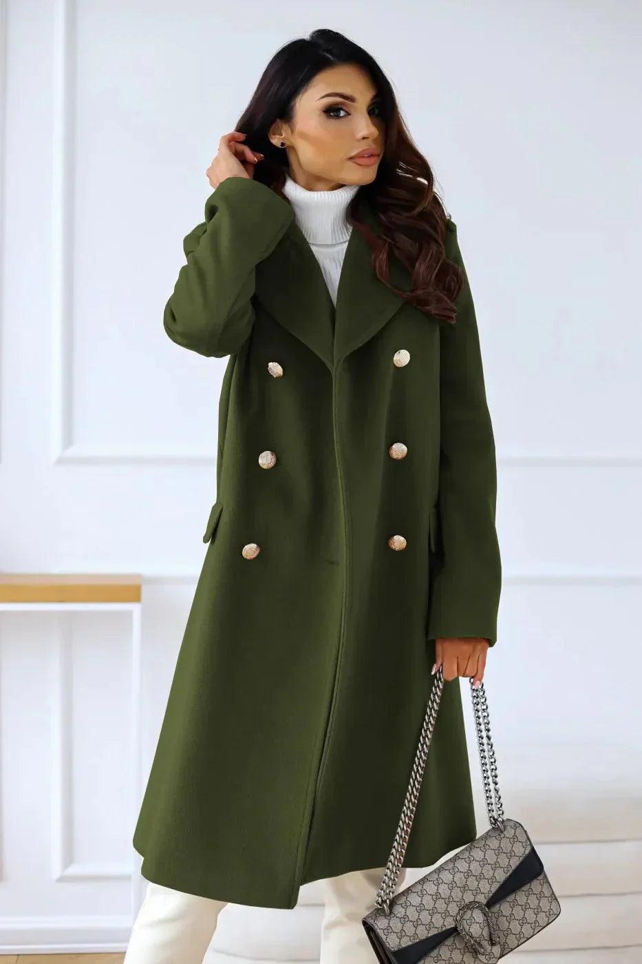 Womens Elegant Double-Breasted Wool Overcoat for Style - Rebooters