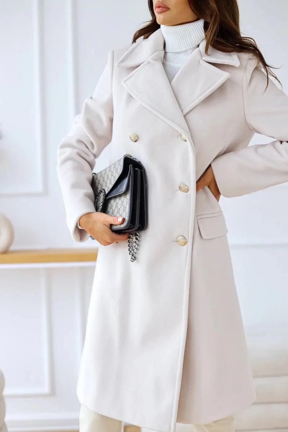 Womens Elegant Double-Breasted Wool Overcoat for Style - Rebooters