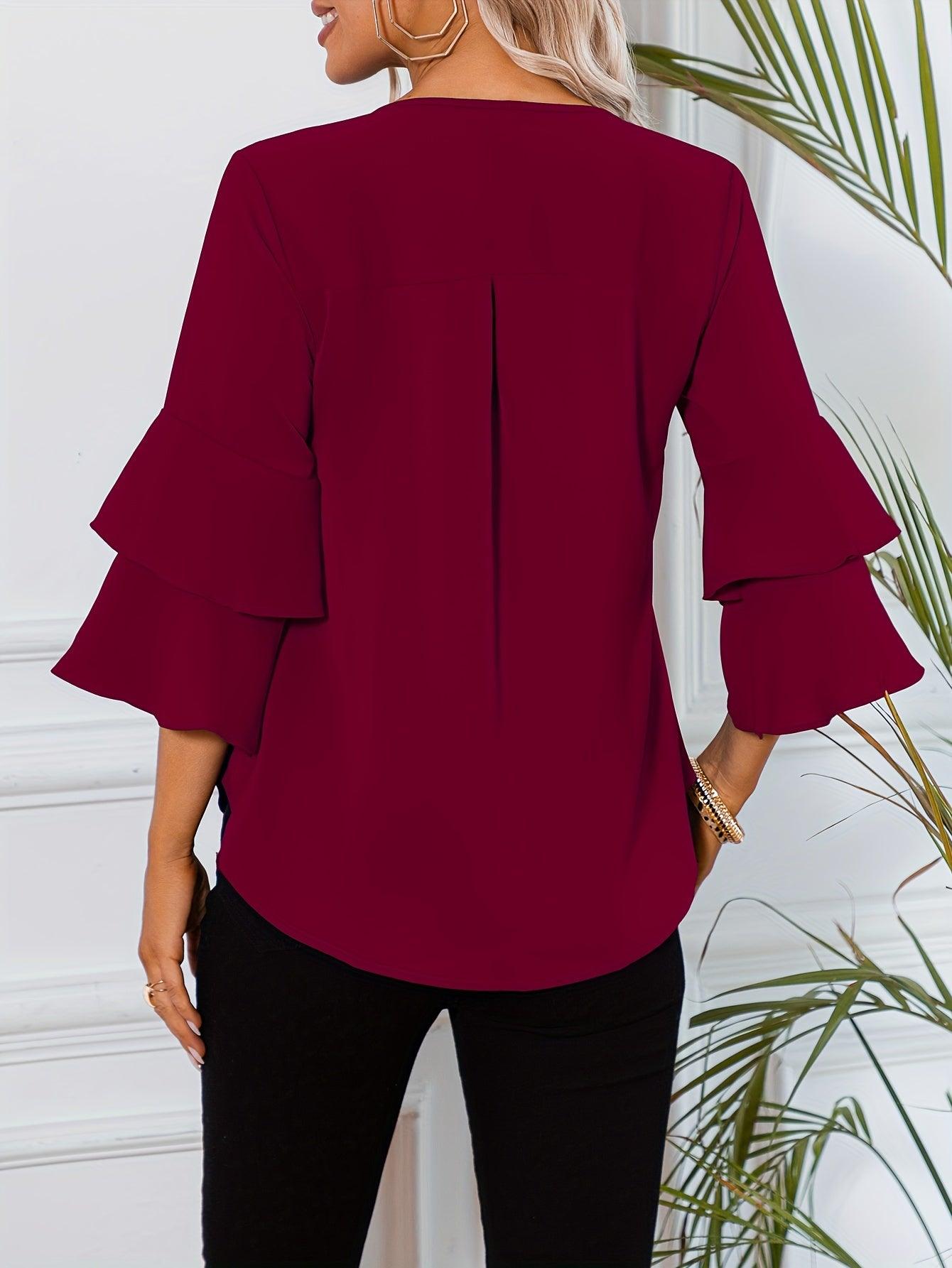 Ruffle Sleeve Blouse With Round Neckline For Women Rebooters Womens Shirts