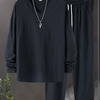 V Neck Long Sleeve Tops Set for Men Comfortable Casual Style Rebooters mens 2 piece set