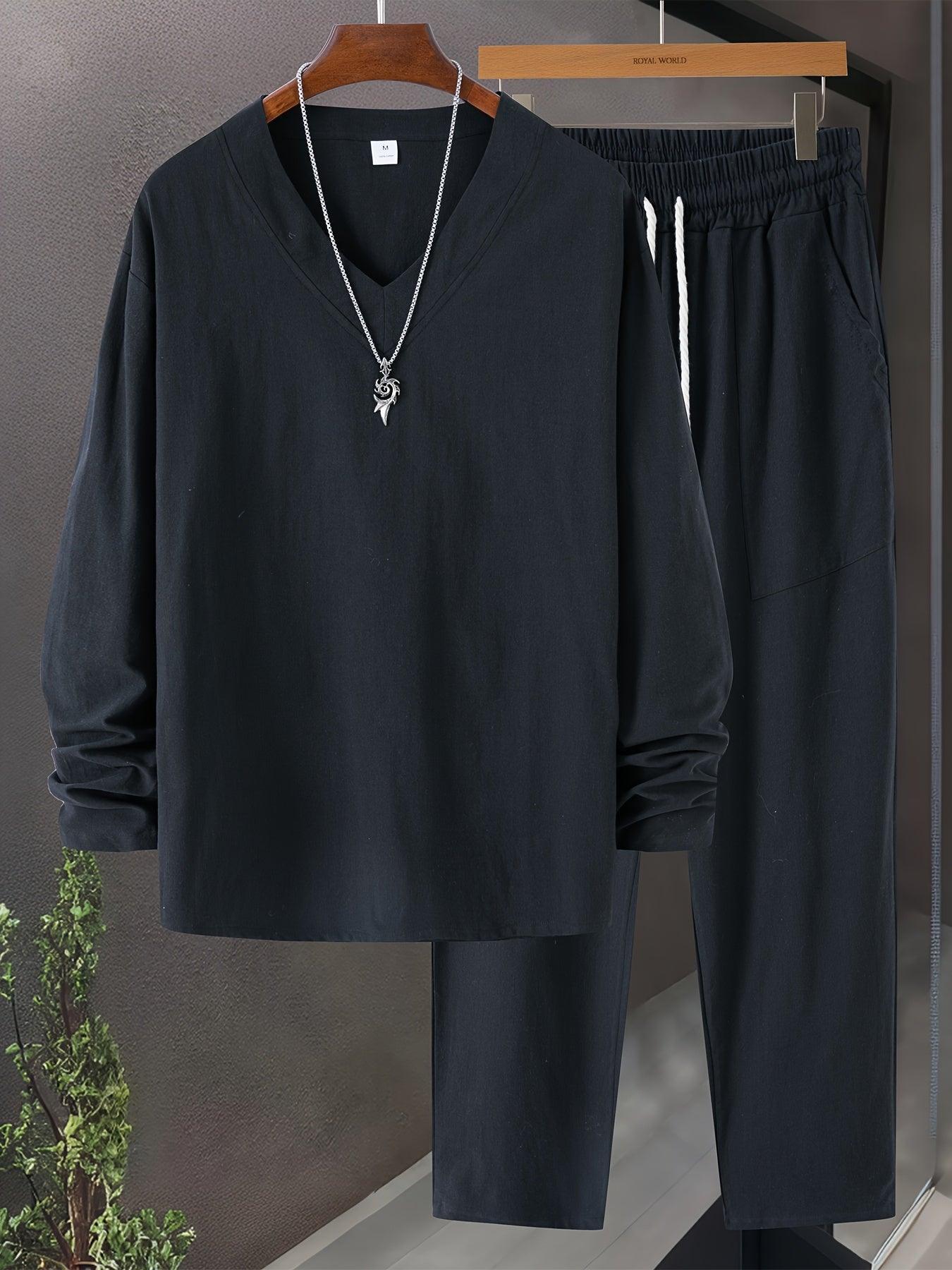 V Neck Long Sleeve Tops Set for Men Comfortable Casual Style Rebooters mens 2 piece set