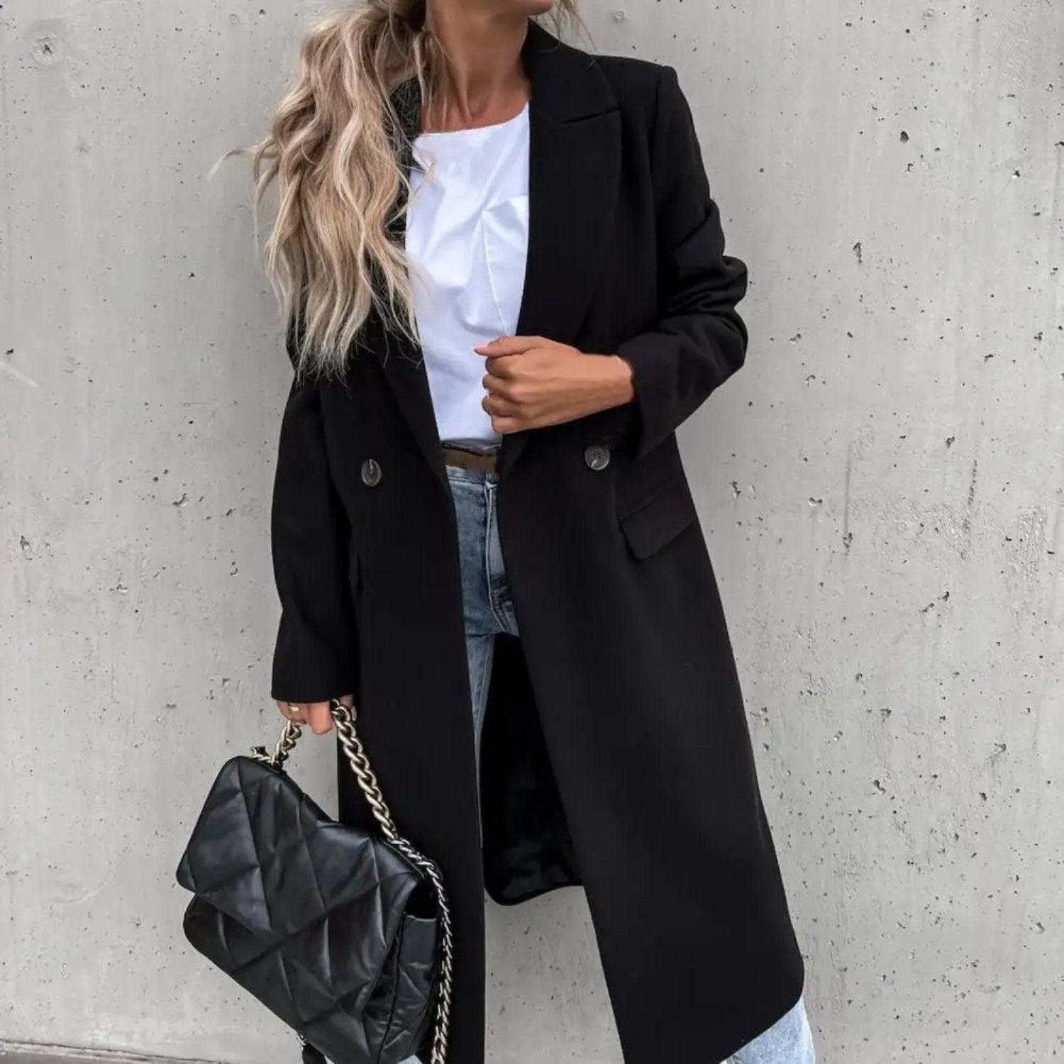 Chic Women's Long Double-Breasted Coat for Effortless Elegance - Rebooters