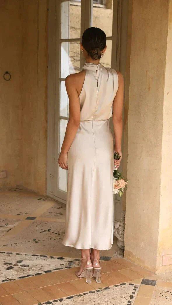 Womens Elegant Halter Neck Midi Dress for Formal Events - Rebooters -Women's Dresses