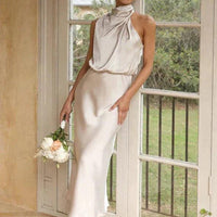 Womens Elegant Halter Neck Midi Dress for Formal Events - Rebooters -Women's Dresses