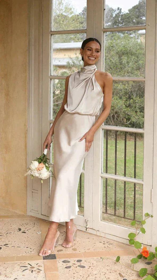 Womens Elegant Halter Neck Midi Dress for Formal Events - Rebooters -Women's Dresses