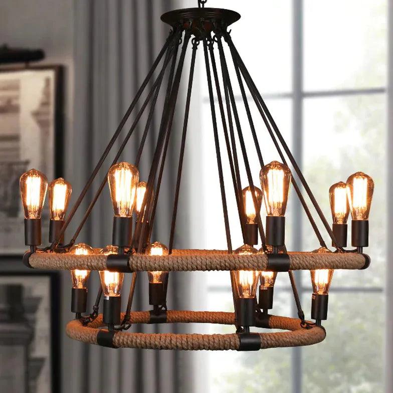 Black Double Ring Multi-Bulb Vintage Chandelier Pendant Light | Rebooters - Rebooters