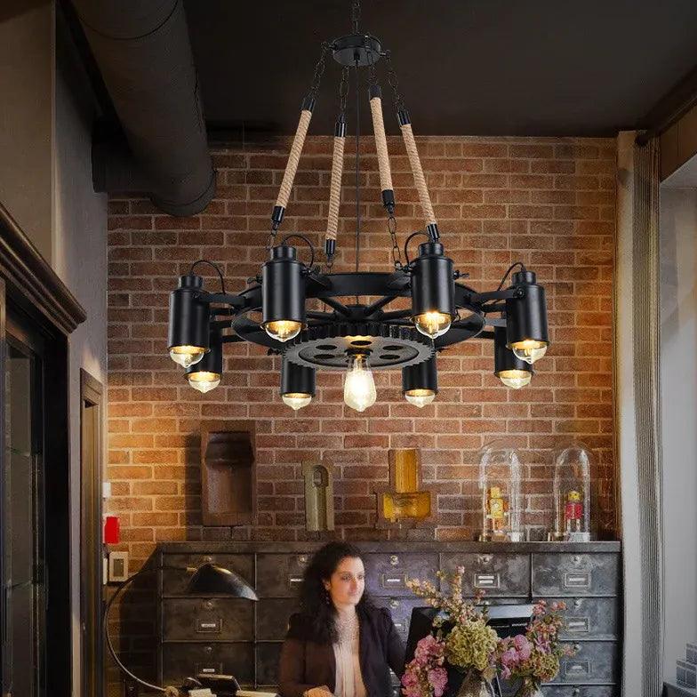 Black Wheel-Shaped Multi-Bulb Industrial Pendant Light Fixture | Rebooters - Rebooters