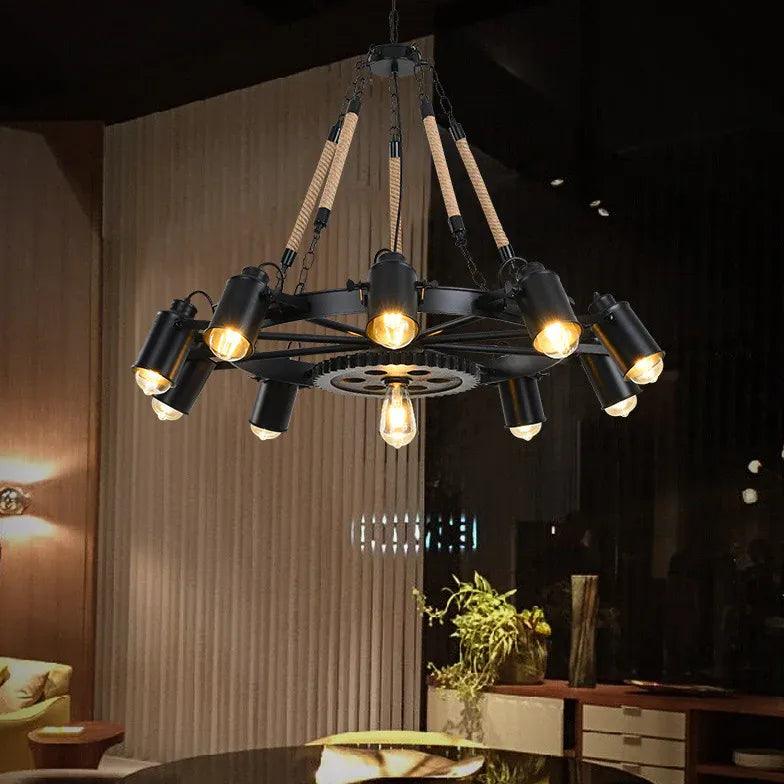 Black Wheel-Shaped Multi-Bulb Industrial Pendant Light Fixture | Rebooters - Rebooters