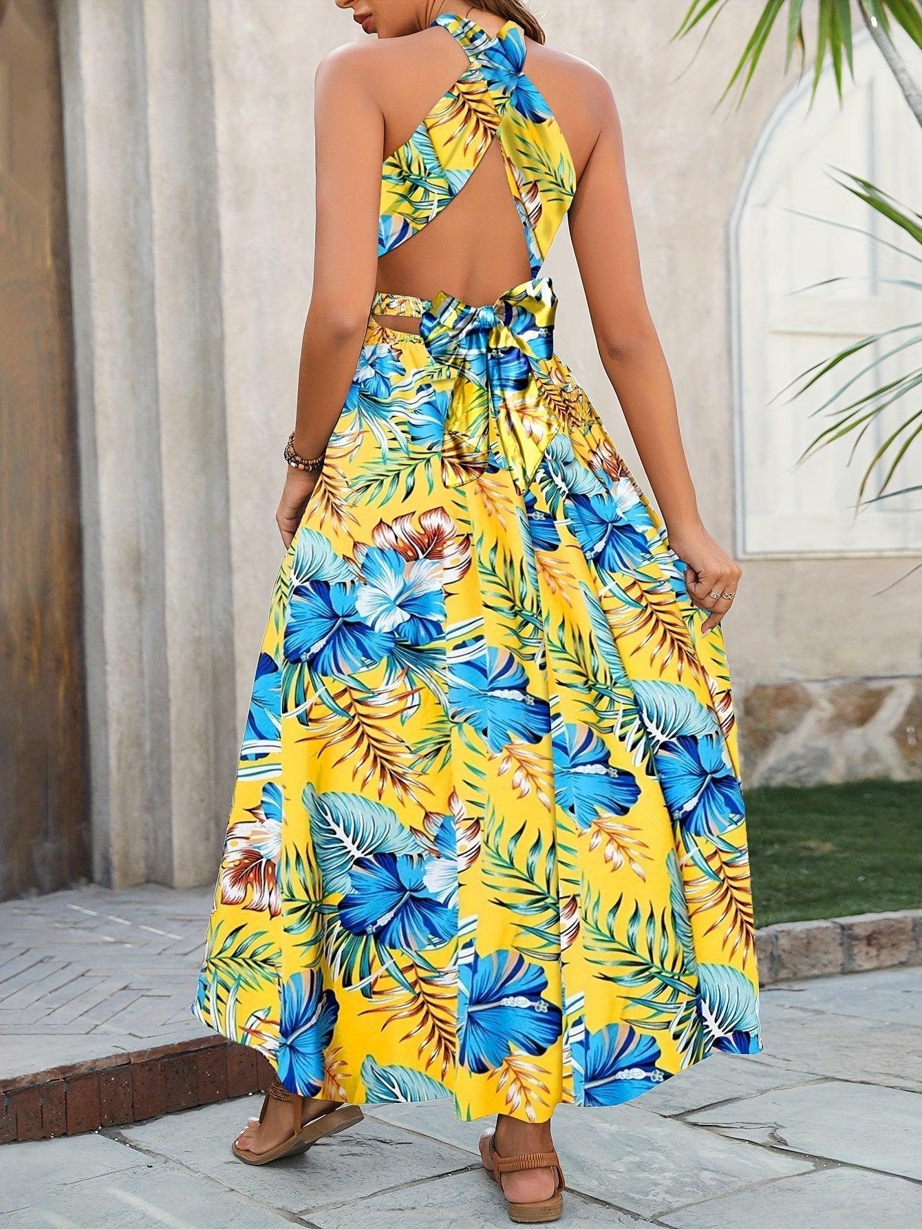 Nathalie Women's Long Paisley-Print Dress with Open Crossed Back - Rebooters -Women's Dresses